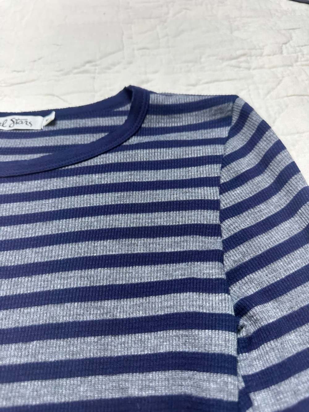 Y2K Michael Stars Stripe Knit Tee | Navy Gray Fitted Minimalist Long Sleeve - Picture 4 of 11